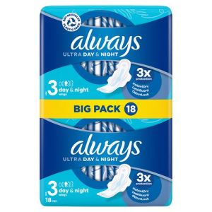 Always Ultra Sanitary Towels Day & Night With Wings (Size 3) 18Ct Csx8