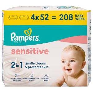 Pampers Sensitive Baby Wipes 4pk (4x52) 0% Plastic